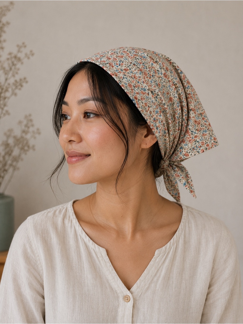 Floral Cotton Kerchief Headscarf - Beige Multi